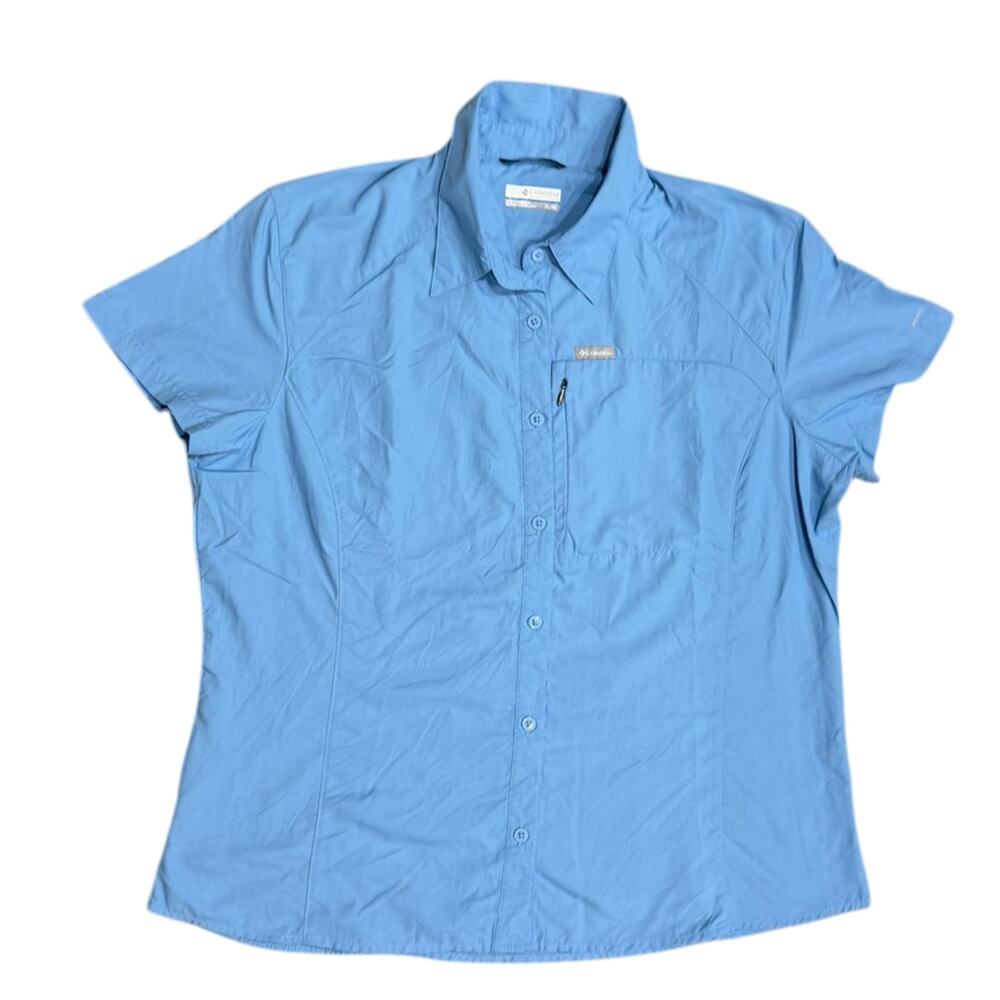 Columbia PFG Shirt Womens XL Blue Short Sleeve Hiking Fishing Nylon Zip Pocket